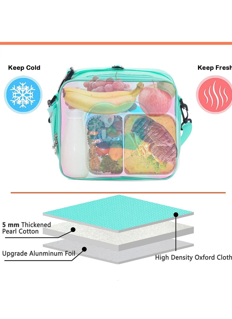 SYOSI Children's Lunch Box, Rainbow Laser Tote Leakproof Insulated Lunch Bag Reusable Insulated Bento Bag Picnic Ice Bag Girls Simple Shoulder Bag for School and Outdoor Backpack (Green)  - Image 3