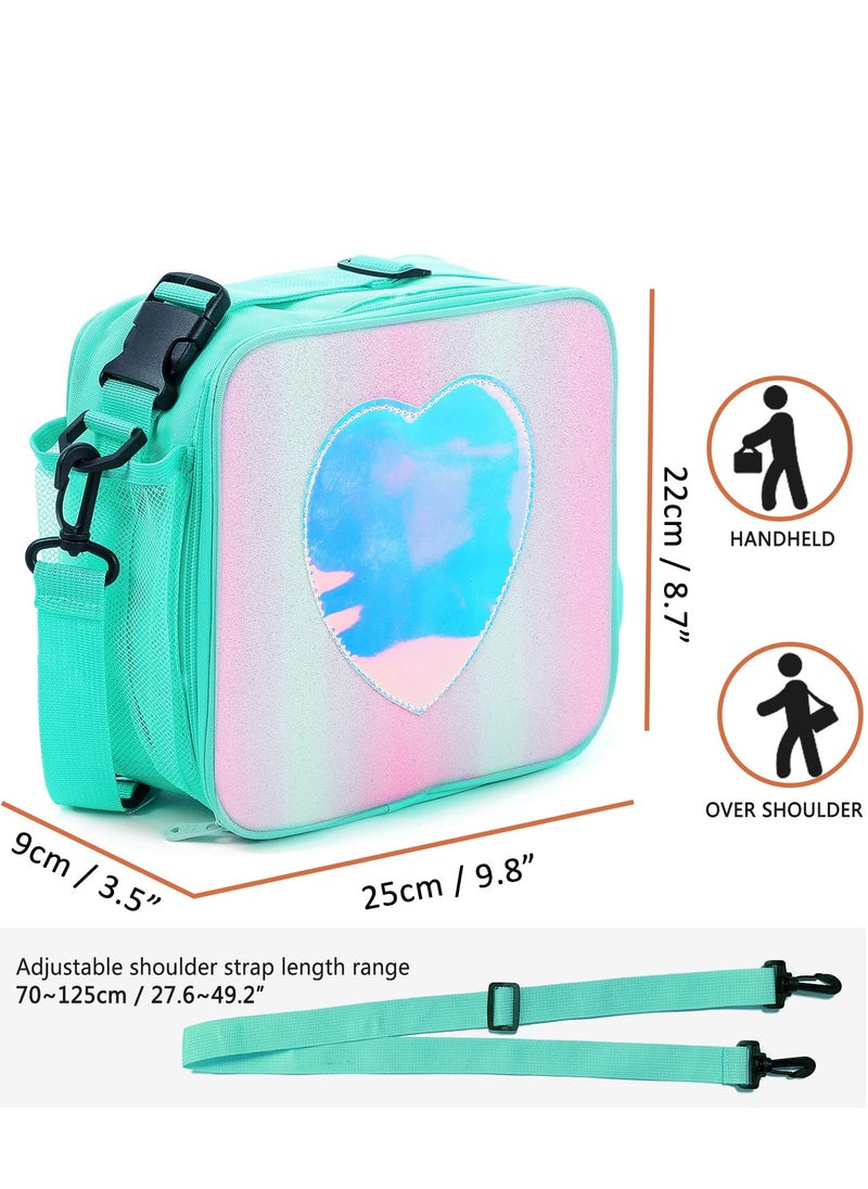 SYOSI Children's Lunch Box, Rainbow Laser Tote Leakproof Insulated Lunch Bag Reusable Insulated Bento Bag Picnic Ice Bag Girls Simple Shoulder Bag for School and Outdoor Backpack (Green)  - Image 2