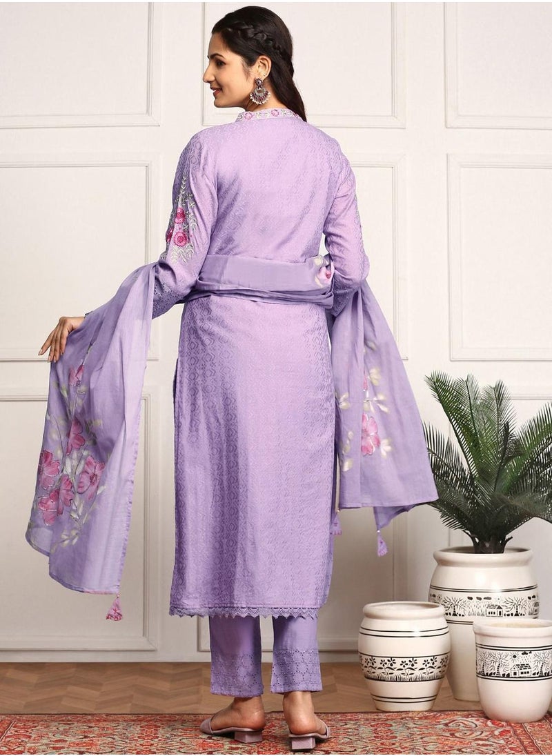 ISHIN - Straight Fit Embroidered Pattern Round Neck Three-Quarter Sleeves Purple Colour Knitted Cotton Kurta Set for Women with Semi Elastic Closure - Elevate Your Fashion Game - Image 1
