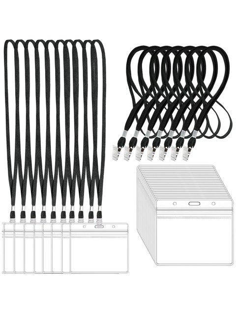 Clear ID Badge Holder with Lanyard, Plastic Horizontal Name Tags Badge ID Card Holders and Black Lanyards with Clip lanyards for id Badges 100Pcs, 85 x 100 mm