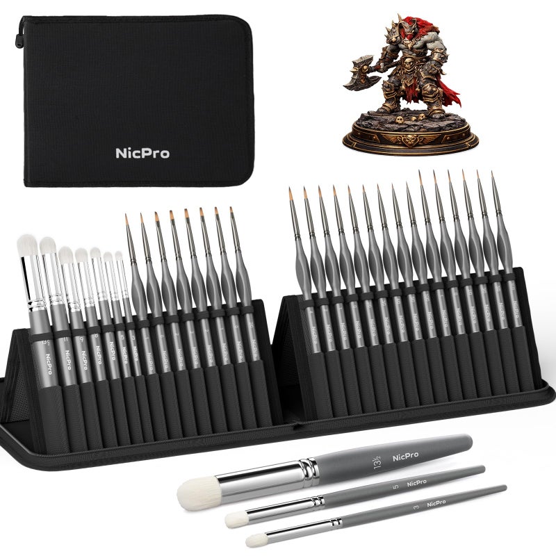 Nicpro Miniature Paint Brushes Dry Brush - 30 PCS Model Paint Brush Set with Nylon Case for Acrylic, Oil, Watercolor, Detail Paint Brush Drybrush for Model, Miniature Painting, Paint by Numbers, Craft - Image 1