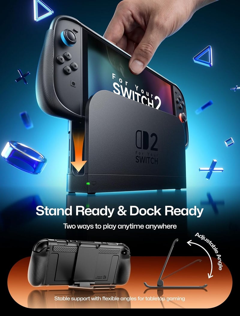 jsaux Split Every Day Case for Switch 2, TPU Middle Frame & PC Front Cover, Dockable, Non Slip Ergonomic Grip, 8 Game Card Storage, Includes Adjustable Stand, Drop Protection - PC0123B - Image 4