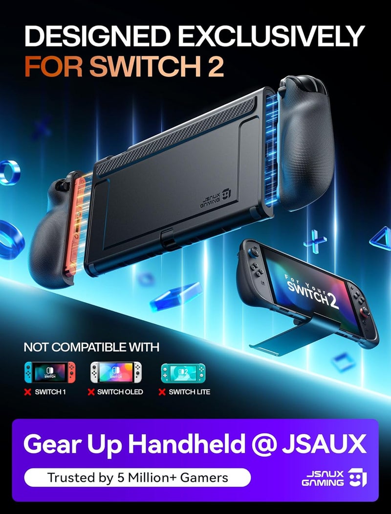 jsaux Split Every Day Case for Switch 2, TPU Middle Frame & PC Front Cover, Dockable, Non Slip Ergonomic Grip, 8 Game Card Storage, Includes Adjustable Stand, Drop Protection - PC0123B - Image 3