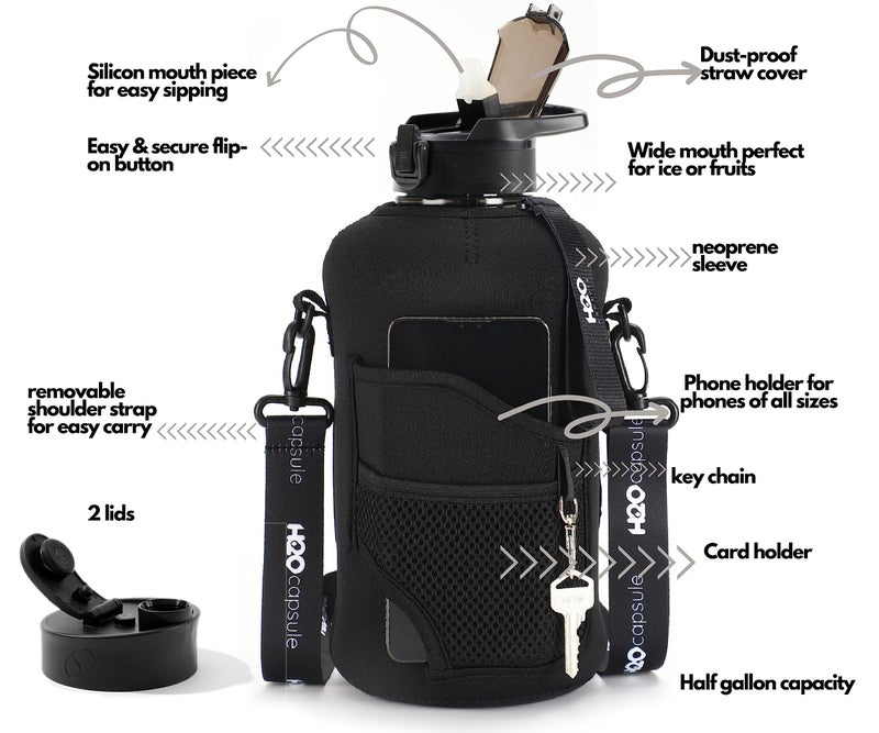 H2O Capsule 2.2L Half Gallon Water Bottle with Storage Sleeve and Removable Straw â€“ BPA Free Large Reusable Drink Container with Handle - Big Sports Jug, 2.2 Liter (74 Ounce), Jet Black - Image 2