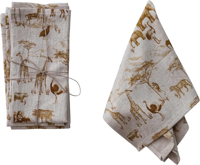 Creative Co-op Creative CoOp 4Piece Cotton and Linen Printed Dinner Napkins with Safari Animals Pattern Natural and Brown - Image 3