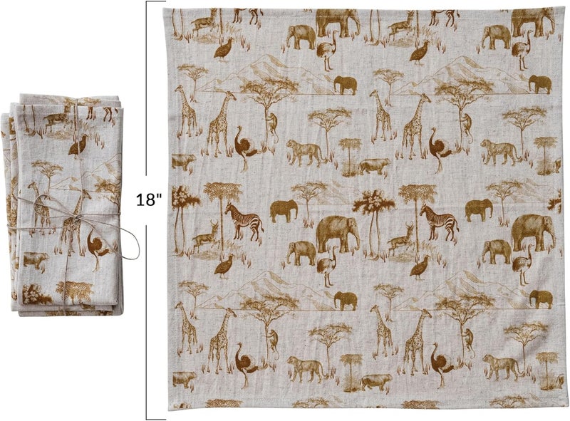 Creative Co-op Creative CoOp 4Piece Cotton and Linen Printed Dinner Napkins with Safari Animals Pattern Natural and Brown - Image 2