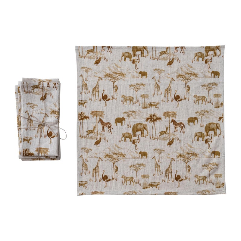 Creative Co-op Creative CoOp 4Piece Cotton and Linen Printed Dinner Napkins with Safari Animals Pattern Natural and Brown - Image 1