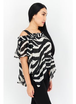 ONLY Women Square Neck Cold Shoulder Zebra Print Blouse, Cream  - Image 3