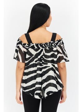 ONLY Women Square Neck Cold Shoulder Zebra Print Blouse, Cream  - Image 4