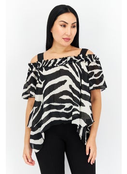 ONLY Women Square Neck Cold Shoulder Zebra Print Blouse, Cream  - Image 1