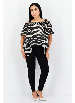 ONLY Women Square Neck Cold Shoulder Zebra Print Blouse, Cream  - Image 2