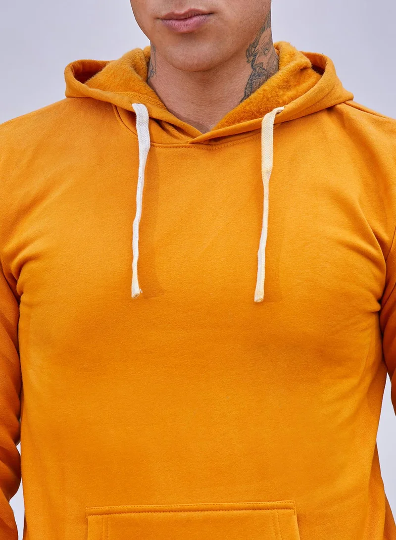 Campus Sutra Men's Mustard Yellow Pullover Hoodie With Contrast Drawstring