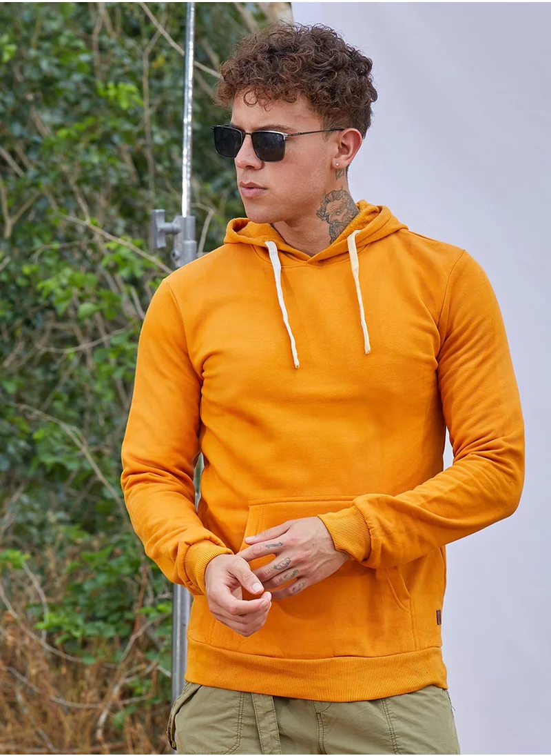 Campus Sutra Men's Mustard Yellow Pullover Hoodie With Contrast Drawstring
