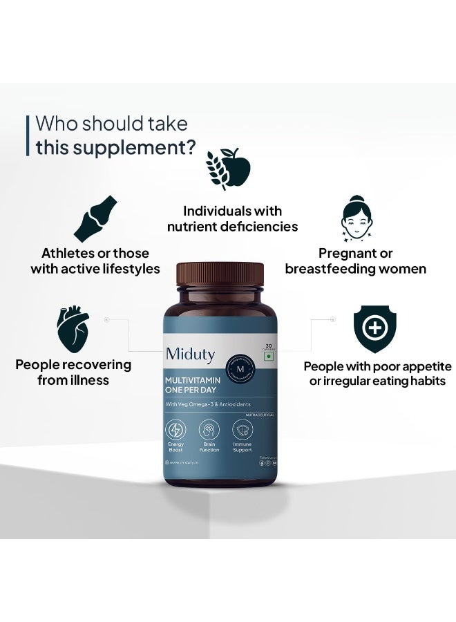 Miduty Multivitamin with Veg Omega 3 | Immunity Booster & Muscle Function for Men & Women | Daily Vitamin Supplement with DHA, A-Lipoic Acid, Grape Seed Extract, Magnesium - 30 Capsule - Image 3