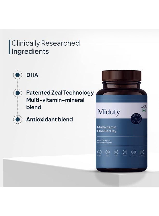 Miduty Multivitamin with Veg Omega 3 | Immunity Booster & Muscle Function for Men & Women | Daily Vitamin Supplement with DHA, A-Lipoic Acid, Grape Seed Extract, Magnesium - 30 Capsule - Image 2