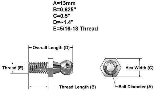 JQuad (4 Pack) 13mm Ball Studs with Hardware - 5/16-18 Thread x 5/8" Long Shank - Gas Lift Support Strut Fitting - Image 2