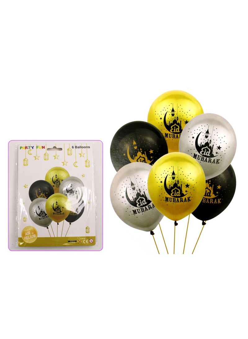 PARTY FUN - Eid Mubarak Balloon 12" 6Pcs Card - Image 1