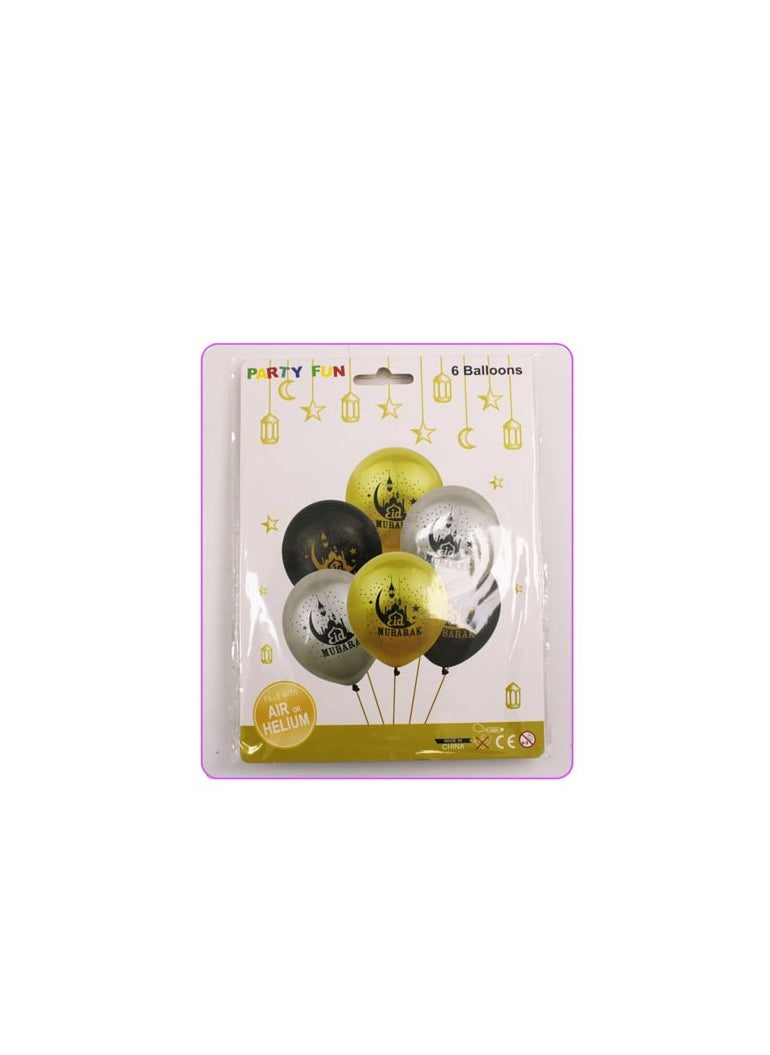 PARTY FUN - Eid Mubarak Balloon 12" 6Pcs Card - Image 1