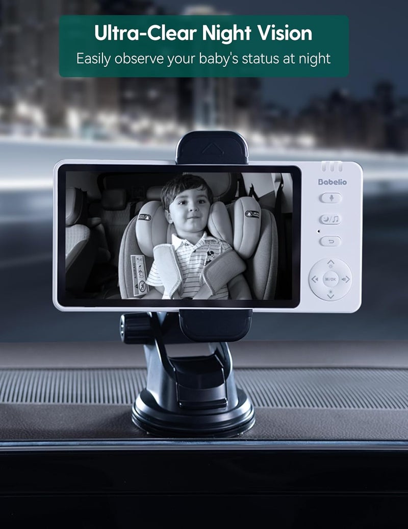 BABELIO كاميرا سيارة للأطفال بدون أسلاك BABELIO مع بطارية 8 ساعات 2 في 1 للاستخدام المزدوج في السيارة والمنزل مع رؤية ليلية 5 HD وصورة واضحة بزاوية 150 وعدسة دوارة 360 سهلة التركيب باللون الأبيض - Image 5
