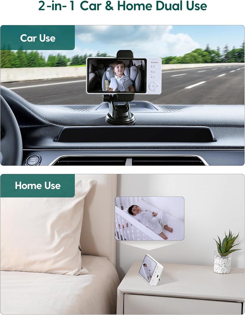 BABELIO كاميرا سيارة للأطفال بدون أسلاك BABELIO مع بطارية 8 ساعات 2 في 1 للاستخدام المزدوج في السيارة والمنزل مع رؤية ليلية 5 HD وصورة واضحة بزاوية 150 وعدسة دوارة 360 سهلة التركيب باللون الأبيض - Image 4
