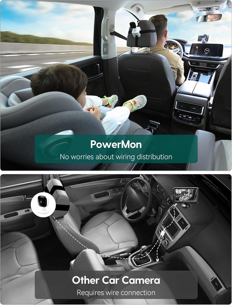 BABELIO كاميرا سيارة للأطفال بدون أسلاك BABELIO مع بطارية 8 ساعات 2 في 1 للاستخدام المزدوج في السيارة والمنزل مع رؤية ليلية 5 HD وصورة واضحة بزاوية 150 وعدسة دوارة 360 سهلة التركيب باللون الأبيض - Image 2
