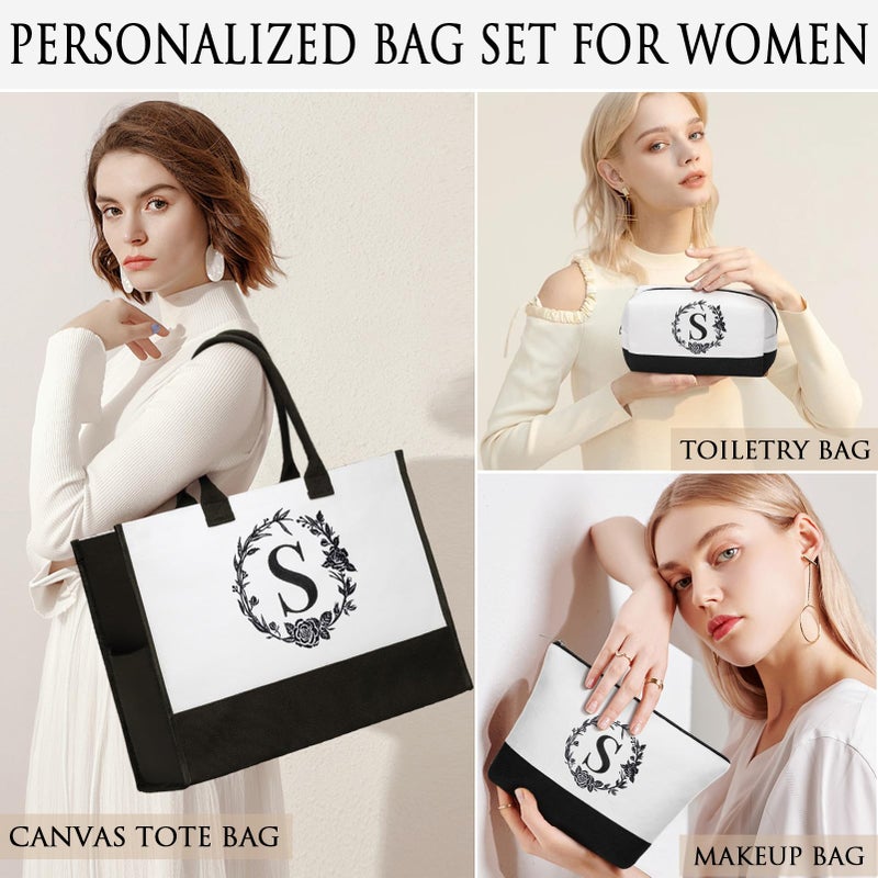 FLOE Personalized Gifts for Women, Initial Canvas Tote Bag & Makeup Bag Monogrammed Beach Tote Bags for Women w/Zipper, Valentines Day Birthday Gifts for Her Wife Girlfriend Mom Sister Best Friend Teacher - Image 3