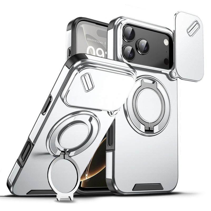 Saiboro Magnetic Phone Case for iPhone 17 Pro Max, Shockproof with Stand, Anti-Fingerprint - Silver - Image 1