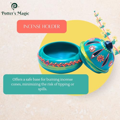 Potter's Magic Handcrafted Terracotta Incense Cone Holder | Decorative Sambrani & Dhoop Stand for Pooja Room, Meditation, Festive Decor | Eco-Friendly Clay Agarbatti Burner & Traditional Gift | Green - Image 3
