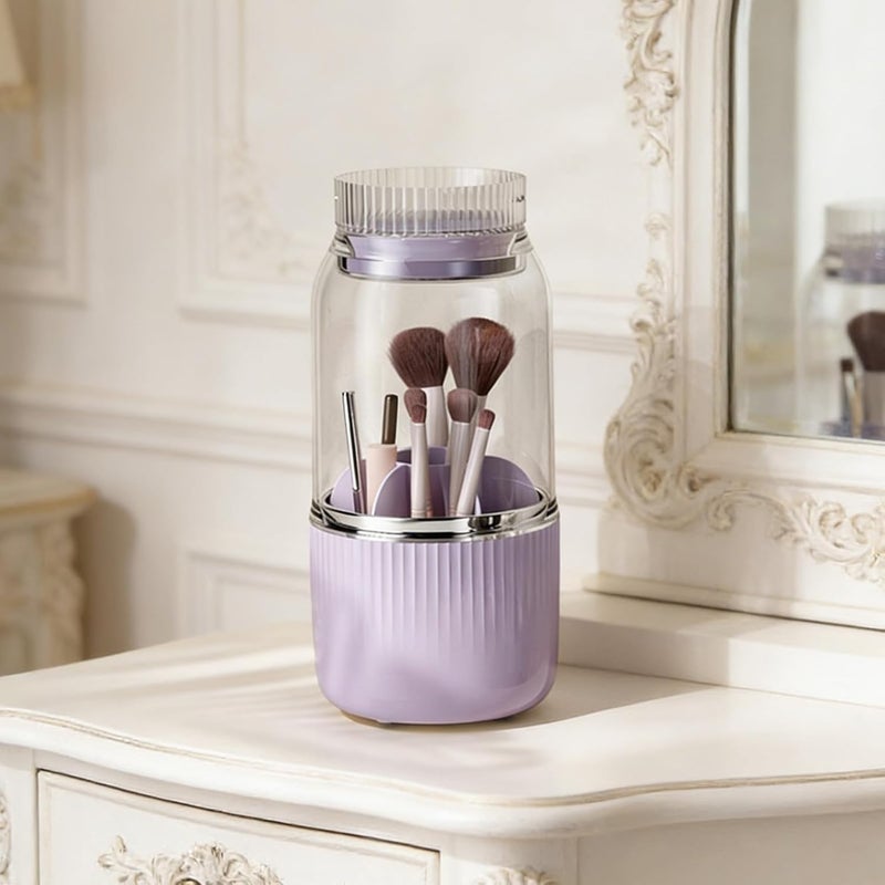 ZJchao Makeup Brush Organizer, Makeup Brush Holder Case with 360 Rotating Base 2 Interchangeable Lids Cover & Drying Function for Daily Storage Cleaning and (Purple) - Image 4