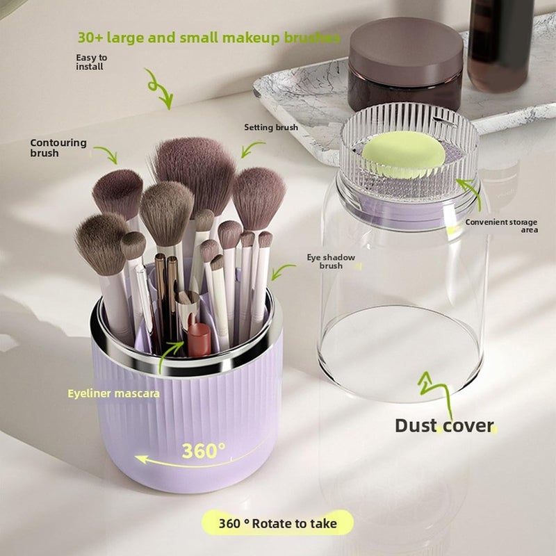 ZJchao Makeup Brush Organizer, Makeup Brush Holder Case with 360 Rotating Base 2 Interchangeable Lids Cover & Drying Function for Daily Storage Cleaning and (Purple) - Image 1