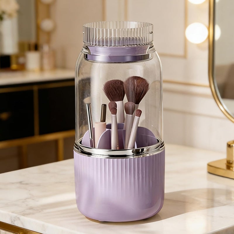 ZJchao Makeup Brush Organizer, Makeup Brush Holder Case with 360 Rotating Base 2 Interchangeable Lids Cover & Drying Function for Daily Storage Cleaning and (Purple) - Image 5