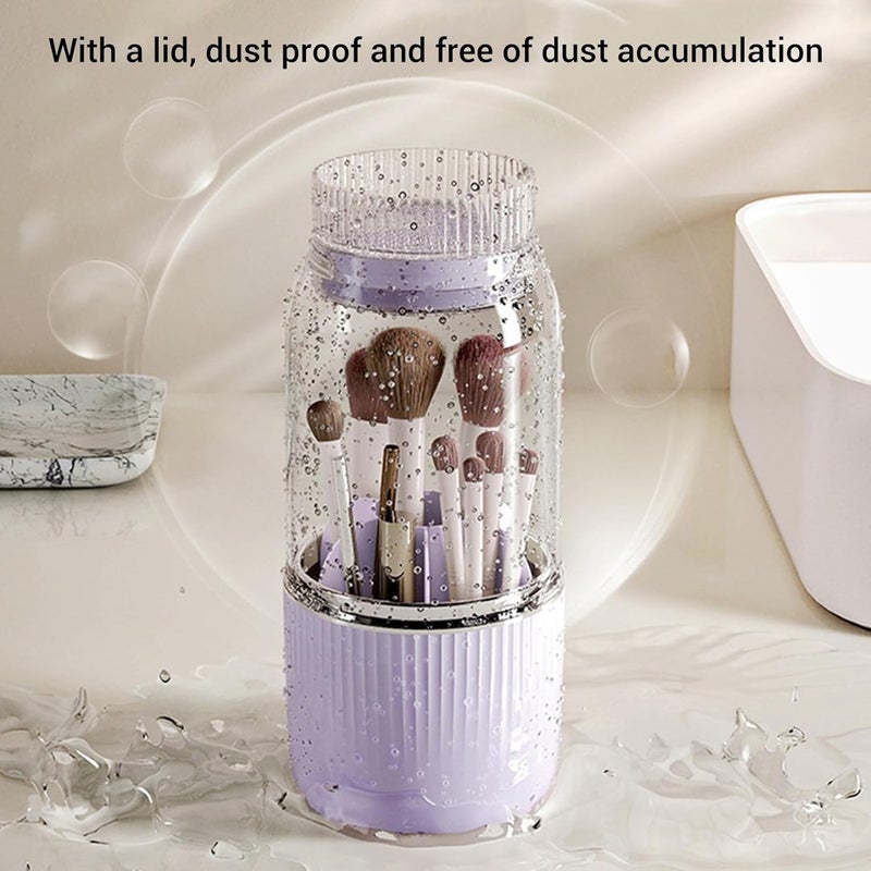 ZJchao Makeup Brush Organizer, Makeup Brush Holder Case with 360 Rotating Base 2 Interchangeable Lids Cover & Drying Function for Daily Storage Cleaning and (Purple) - Image 2