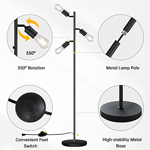 Bricosmocon Industrial Standing Lamp with 3 Adjustable Rotating Lights - Tree Floor Lamp for Living Room, Bedroom, Home, Office (E26 Edison Bulb, Black) - Image 5