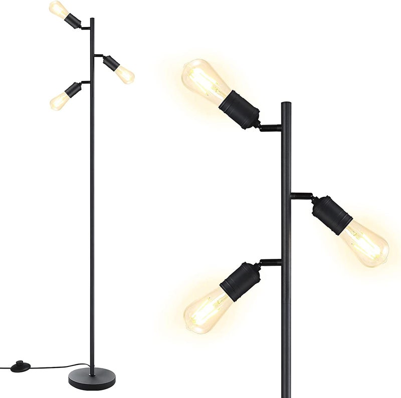Bricosmocon Industrial Standing Lamp with 3 Adjustable Rotating Lights - Tree Floor Lamp for Living Room, Bedroom, Home, Office (E26 Edison Bulb, Black) - Image 1