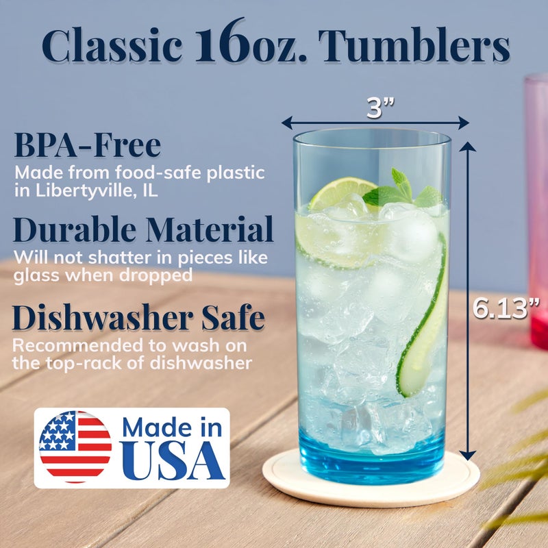 US Acrylic Classic Plastic Reusable Drinking Glasses (Set of 6) 16oz Water Cups Assorted Colors | BPA-Free Tumblers, Made in USA | Top-Rack Dishwasher Safe - Image 2