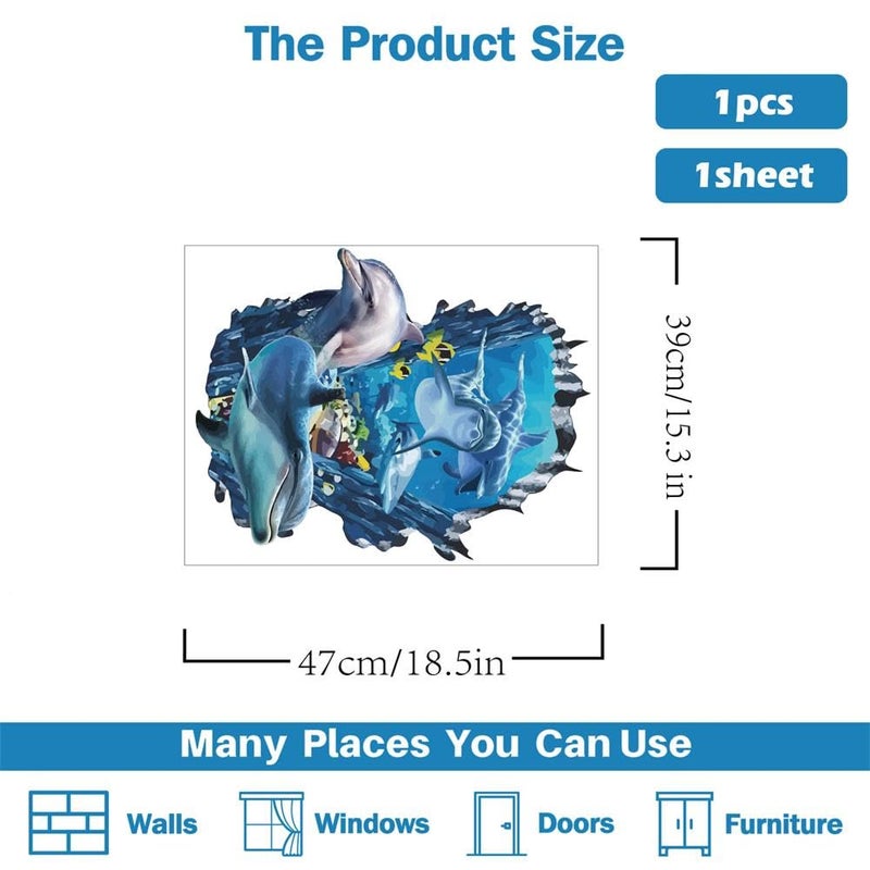 PLIGREAT 3D Broken Wall Undersea Ocean World Dolphins Wall Stickers - Removable Vinyl Peel and Stick Wall Decals for Teens Bedroom Dorm Room Wall Decoration Beach House Apartment Indoor Wall Art Decor - Image 2