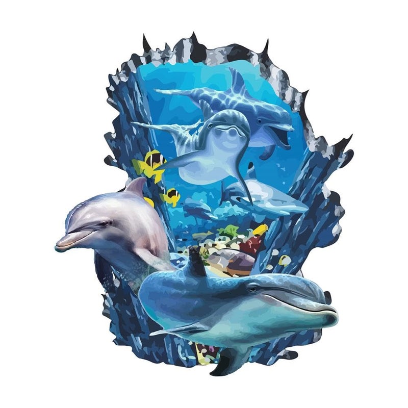 PLIGREAT 3D Broken Wall Undersea Ocean World Dolphins Wall Stickers - Removable Vinyl Peel and Stick Wall Decals for Teens Bedroom Dorm Room Wall Decoration Beach House Apartment Indoor Wall Art Decor - Image 1