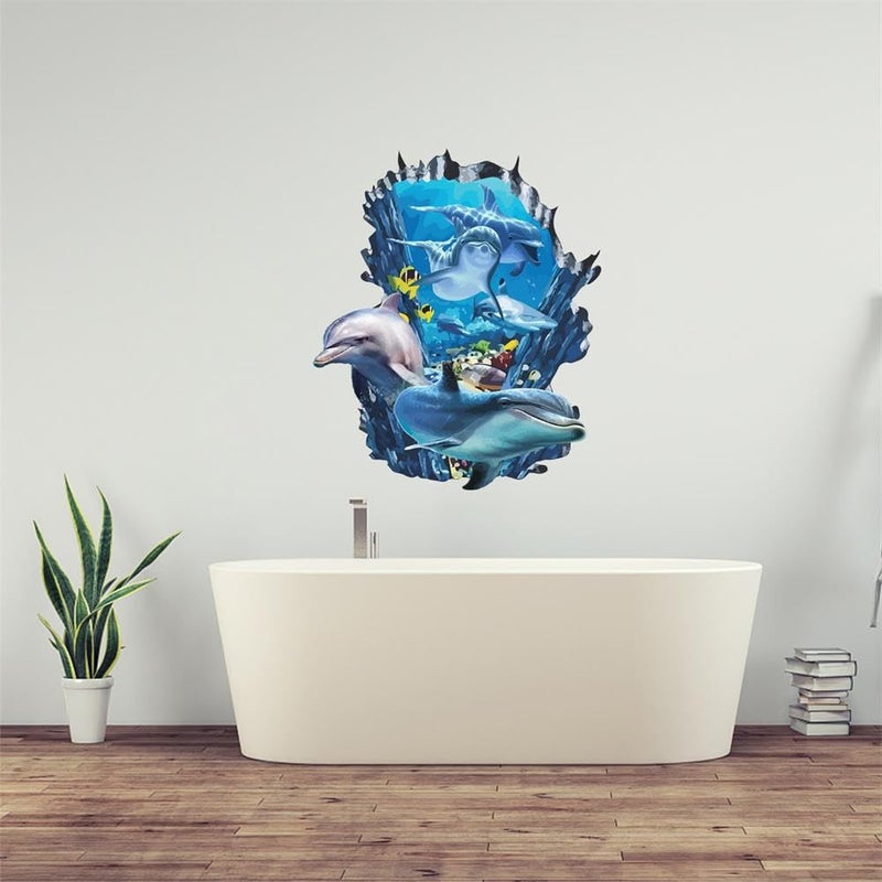 PLIGREAT 3D Broken Wall Undersea Ocean World Dolphins Wall Stickers - Removable Vinyl Peel and Stick Wall Decals for Teens Bedroom Dorm Room Wall Decoration Beach House Apartment Indoor Wall Art Decor - Image 4