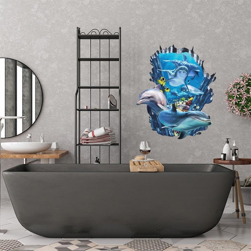 PLIGREAT 3D Broken Wall Undersea Ocean World Dolphins Wall Stickers - Removable Vinyl Peel and Stick Wall Decals for Teens Bedroom Dorm Room Wall Decoration Beach House Apartment Indoor Wall Art Decor - Image 5