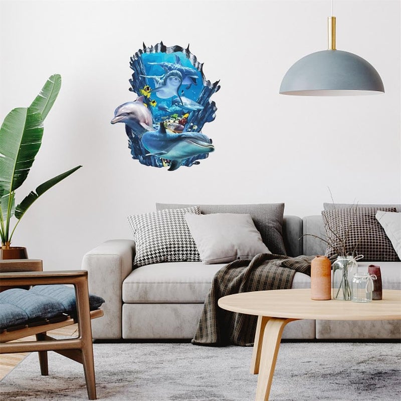 PLIGREAT 3D Broken Wall Undersea Ocean World Dolphins Wall Stickers - Removable Vinyl Peel and Stick Wall Decals for Teens Bedroom Dorm Room Wall Decoration Beach House Apartment Indoor Wall Art Decor - Image 3