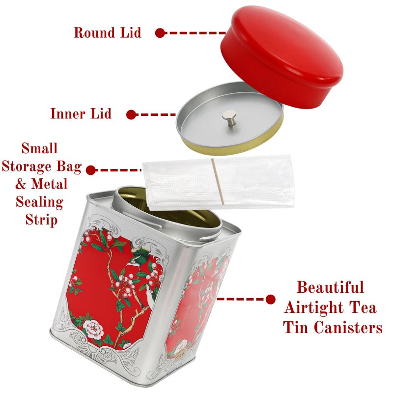 ELFULLY 3 Pack Airtight Tea Tin Canister, 38 OZ Tinplate Empty Loose Tea Box, Chinese Style Jar with Double Lids, Matcha Tin Containers, Vintage Square Coffee Canisters for Candy Nut Spice Kitchen - Image 4