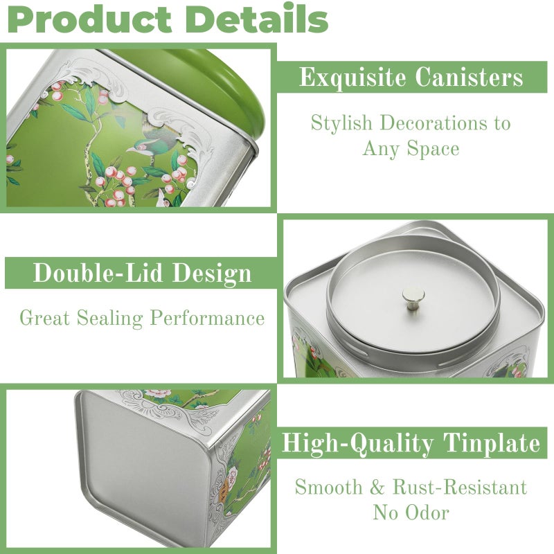 ELFULLY 3 Pack Airtight Tea Tin Canister, 38 OZ Tinplate Empty Loose Tea Box, Chinese Style Jar with Double Lids, Matcha Tin Containers, Vintage Square Coffee Canisters for Candy Nut Spice Kitchen - Image 3