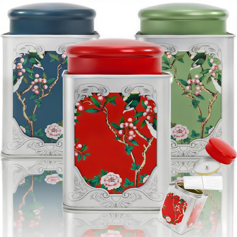 ELFULLY 3 Pack Airtight Tea Tin Canister, 38 OZ Tinplate Empty Loose Tea Box, Chinese Style Jar with Double Lids, Matcha Tin Containers, Vintage Square Coffee Canisters for Candy Nut Spice Kitchen - Image 1