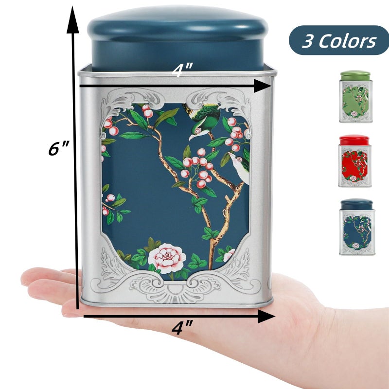 ELFULLY 3 Pack Airtight Tea Tin Canister, 38 OZ Tinplate Empty Loose Tea Box, Chinese Style Jar with Double Lids, Matcha Tin Containers, Vintage Square Coffee Canisters for Candy Nut Spice Kitchen - Image 2