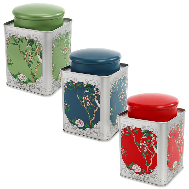 ELFULLY 3 Pack Airtight Tea Tin Canister, 38 OZ Tinplate Empty Loose Tea Box, Chinese Style Jar with Double Lids, Matcha Tin Containers, Vintage Square Coffee Canisters for Candy Nut Spice Kitchen - Image 5
