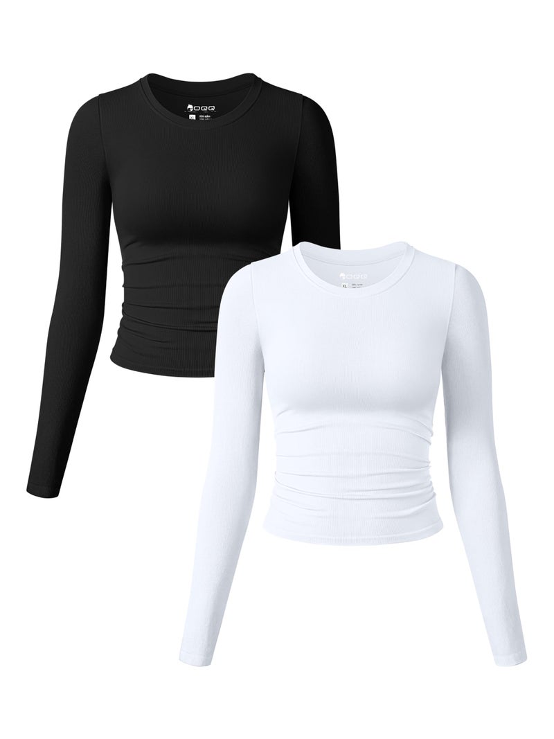 OQQ Womens 2 Piece Shirts Long Sleeve Crew Neck Ruched Stretch Basic Fitted Tee Shirts Tops Black White - Image 1