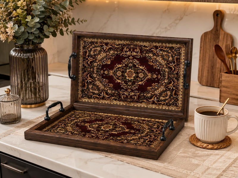 Decorative Wooden Serving Tray Set of 2 with Metal Handles – Serving Tray for Drinks, Desserts, Fruits – Elegant Decorative Trays for Coffee Table, Dining Table, Hospitality, 3 - Image 2