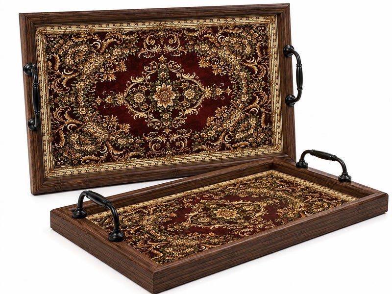 Decorative Wooden Serving Tray Set of 2 with Metal Handles – Serving Tray for Drinks, Desserts, Fruits – Elegant Decorative Trays for Coffee Table, Dining Table, Hospitality, 3 - Image 1
