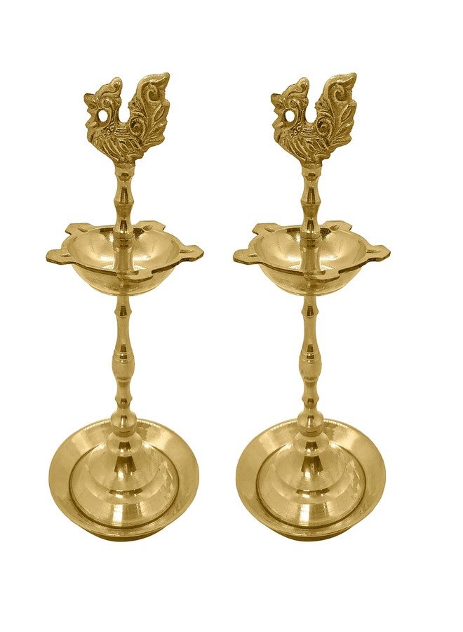 Satvik 2 Pc Set of Brass Kerala Samai Diwali Deepak for Puja/Pooja Step Diya Lamp Peacock Kutthu Vilakku Dia Oil Lamp Deepam Engraved Adjustable 1 Step Deep 8 Inch Deepawali Indian Gift Item - Image 1