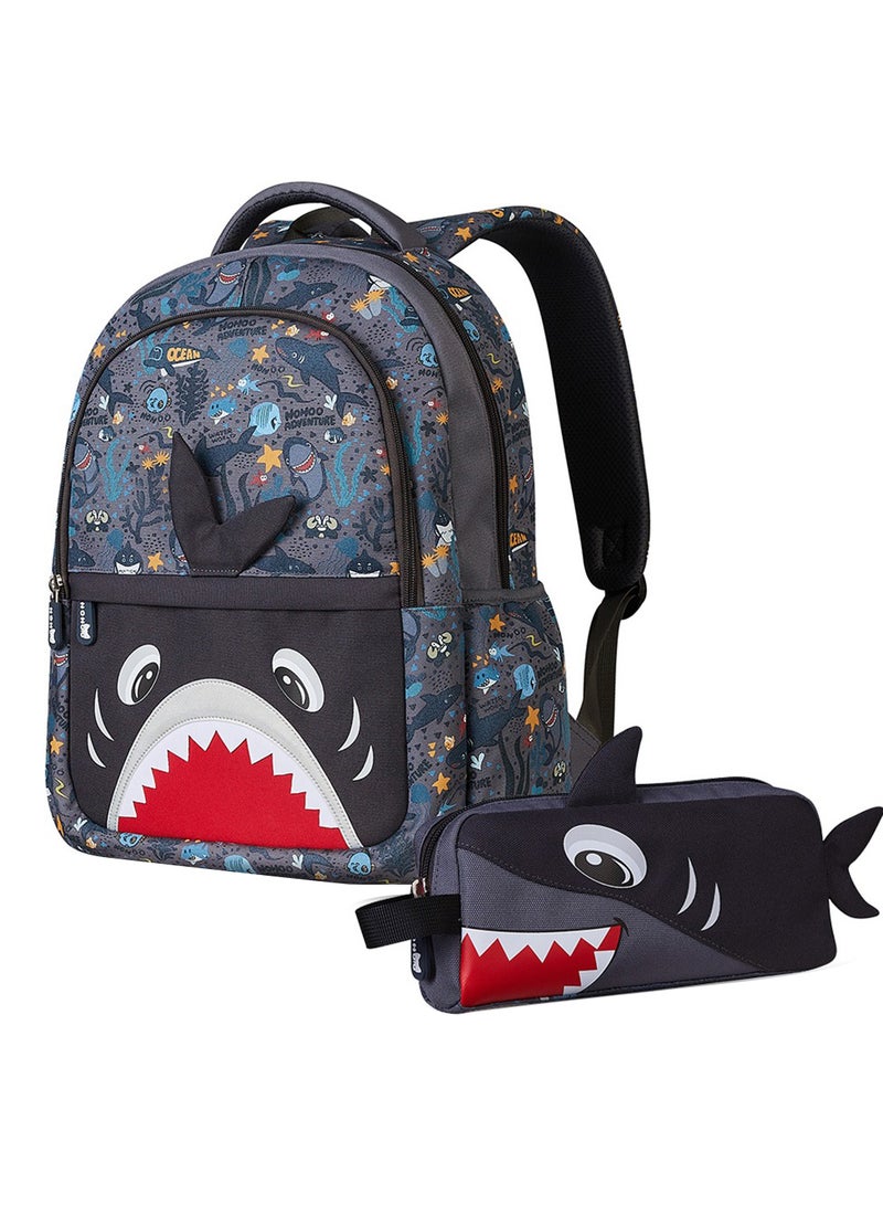 Nohoo Kids 16 Inch School Bag With Pencil Case Combo Shark - Grey - Image 1